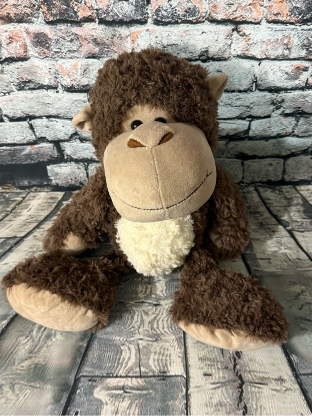 Checkered Fun 15” Brown And Cream Monkey Plush Toy With Belly Button (PL-25)